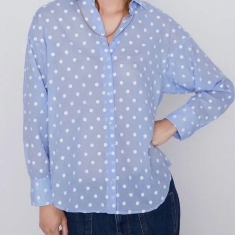 Zara Blue Long Sleeve Button Down Shirt | Polka dots